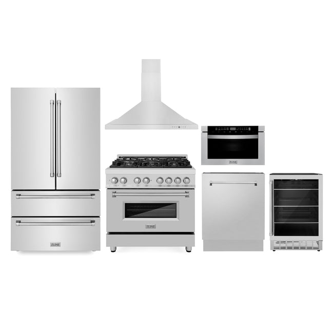 ZLINE Kitchen Package with Refrigeration, 36" Stainless Steel Dual Fuel Range, 36" Range Hood, Microwave Drawer, 24" Tall Tub Dishwasher and Beverage Fridge (6KPR-RARH36-MWDWV-RBV) Plaza Home Decor