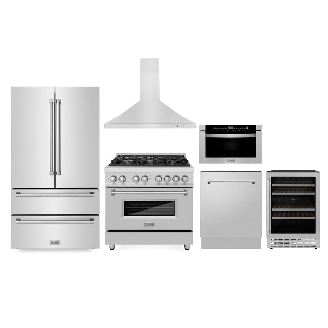 ZLINE Kitchen Package with Refrigeration, 36" Stainless Steel Dual Fuel Range, 36" Range Hood, Microwave Drawer, 24" Tall Tub Dishwasher and Wine Cooler (6KPR-RARH36-MWDWV-RWV) Plaza Home Decor