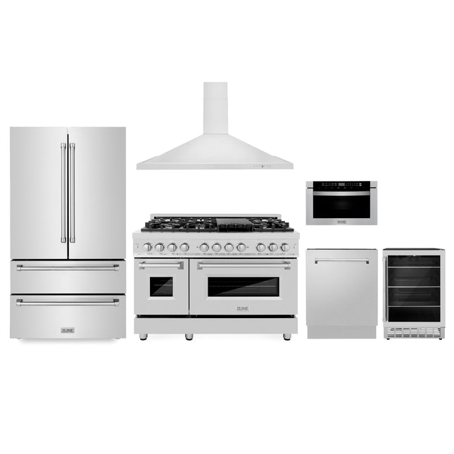 ZLINE Kitchen Package with Refrigeration, 48" Stainless Steel Dual Fuel Range, 36" Range Hood, Microwave Drawer, 24" Tall Tub Dishwasher and Beverage Fridge (6KPR-RARH48-MWDWV-RBV) Plaza Home Decor