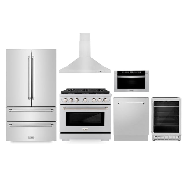 ZLINE Kitchen Package with Refrigeration, 36" Stainless Steel Gas Range, 36" Range Hood, Microwave Drawer, 24" Tall Tub Dishwasher and Beverage Fridge (6KPR-SGRRH36-MWDWV-RBV) Plaza Home Decor