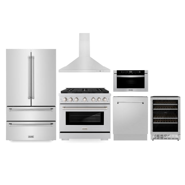 ZLINE Kitchen Package with Refrigeration, 36" Stainless Steel Gas Range, 36" Range Hood, Microwave Drawer, 24" Tall Tub Dishwasher and Wine Cooler (6KPR-SGRRH36-MWDWV-RWV) Plaza Home Decor