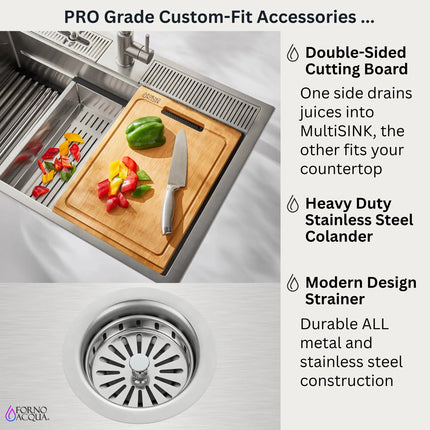 FORNO ACQUA 33 in. Drop-In/Undermount 3-Level Workstation Sink with Waterfall Faucet & Glass Rinser FORNO ACQUA