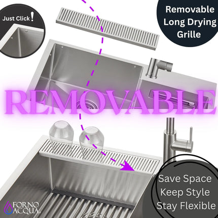 FORNO ACQUA 33 in. Drop-In/Undermount 40/60 Double Bowl Sink with Retractable Faucet & Waterfall FORNO ACQUA