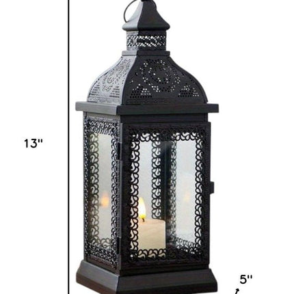 13" Clear And Black Glass And Metal Tabletop Lantern Candle Holder HomeRoots