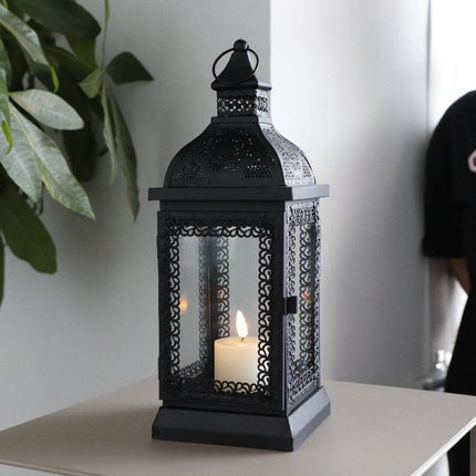 13" Clear And Black Glass And Metal Tabletop Lantern Candle Holder HomeRoots