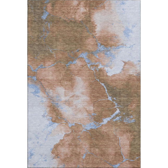 9' X 12' Terra Cotta And Blue Abstract Washable Area Rug With UV Protection