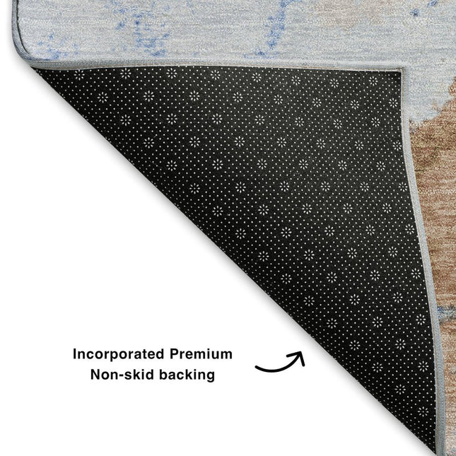 9' X 12' Terra Cotta And Blue Abstract Washable Area Rug With UV Protection