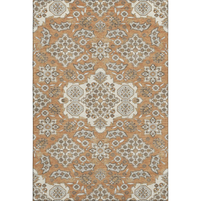 9' X 12' Terra Cotta And Beige Floral Medallion Washable Area Rug With UV Protection
