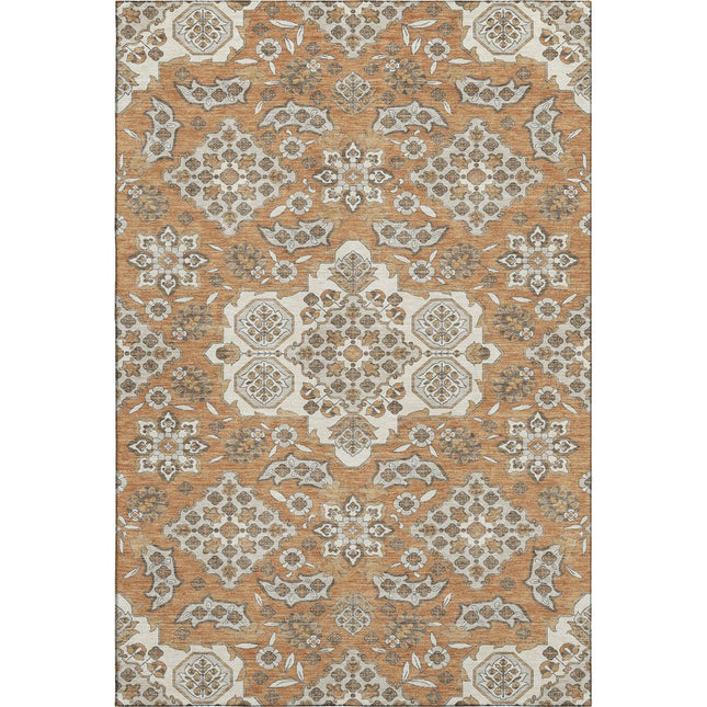 9' X 12' Terra Cotta And Beige Floral Medallion Washable Area Rug With UV Protection HomeRoots