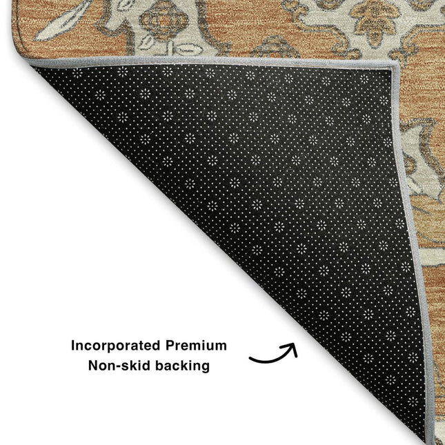 9' X 12' Terra Cotta And Beige Floral Medallion Washable Area Rug With UV Protection HomeRoots