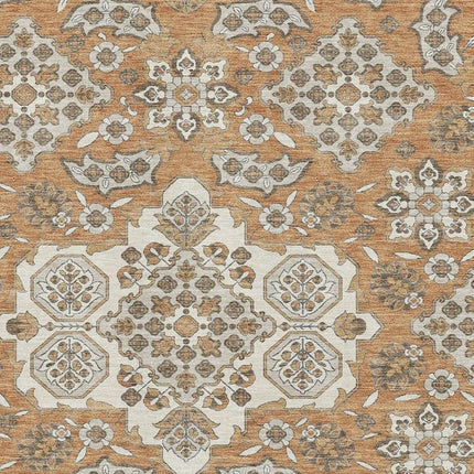 9' X 12' Terra Cotta And Beige Floral Medallion Washable Area Rug With UV Protection HomeRoots