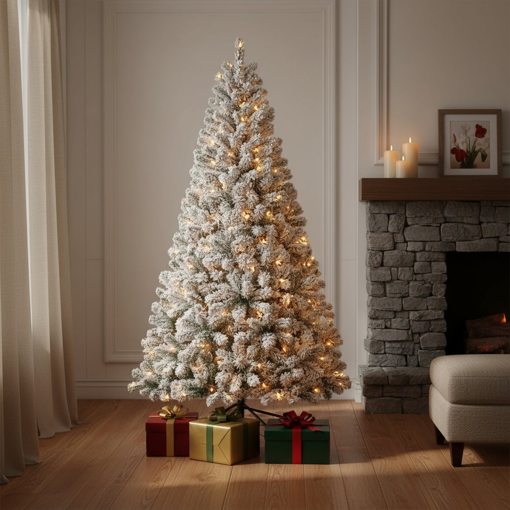 7' Pre Lit Full Flocked Spruce Christmas Tree