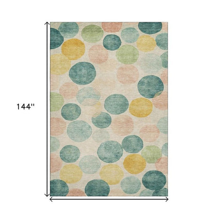 9' X 12' Teal Yellow And Coral Geometric Washable Area Rug With UV Protection HomeRoots