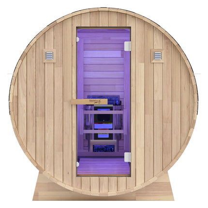 4-6-Person Outdoor Barrel Wet Sauna in White Cedar with ETL-Certified 6.2kW Sauna Rock Heater, and Bitumen Shingle Roof SteamSpa