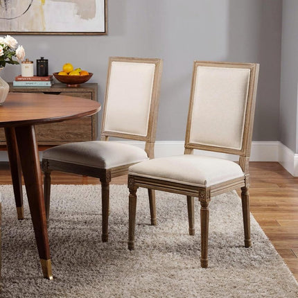 Set of Two Beige and Walnut Linen Dining Side Chairs