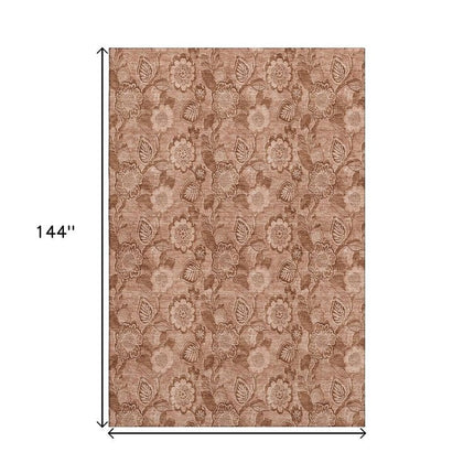9' X 12' Terra Cotta And Copper Floral Washable Area Rug With UV Protection HomeRoots