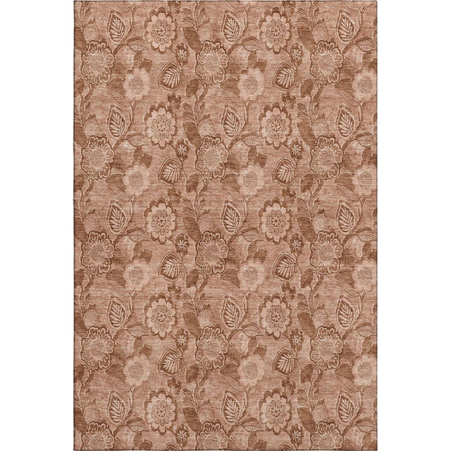 9' X 12' Terra Cotta And Copper Floral Washable Area Rug With UV Protection