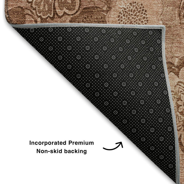 9' X 12' Terra Cotta And Copper Floral Washable Area Rug With UV Protection