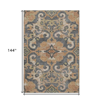 9' X 12' Terra Cotta Charcoal And Beige Floral Medallion Washable Area Rug With UV Protection HomeRoots