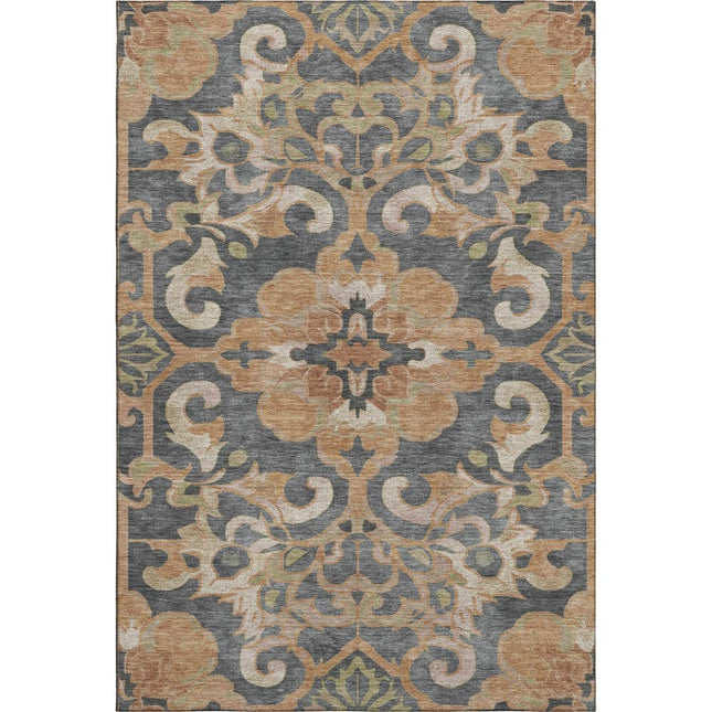 9' X 12' Terra Cotta Charcoal And Beige Floral Medallion Washable Area Rug With UV Protection