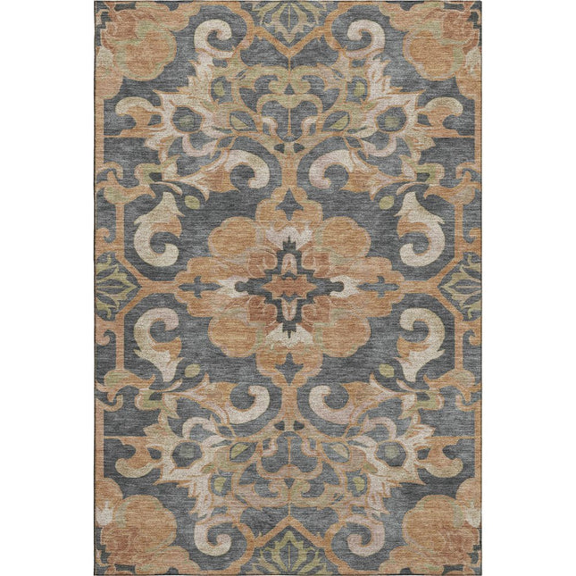 9' X 12' Terra Cotta Charcoal And Beige Floral Medallion Washable Area Rug With UV Protection HomeRoots