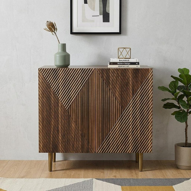 32" Brown Wood Carved Geometric Sideboard With Two Doors HomeRoots