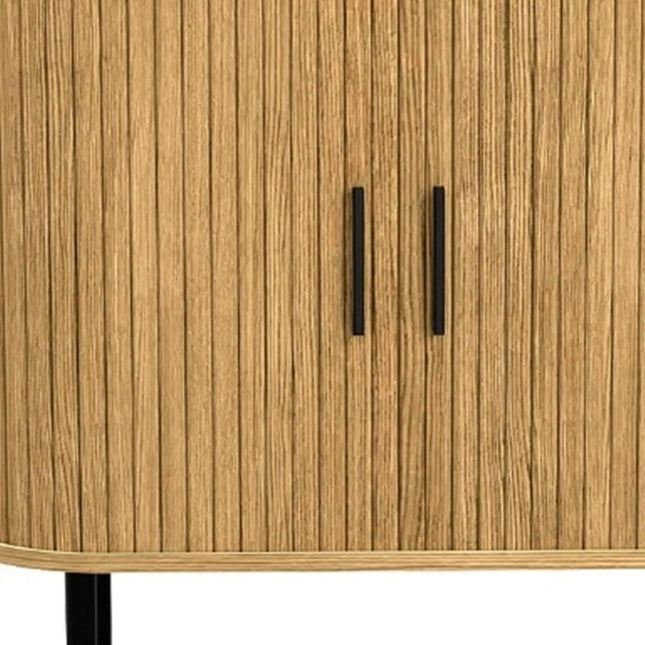 35" Natural Wood Ribbed Texture Sideboard With Two Sliding Doors HomeRoots