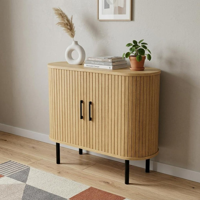 35" Natural Wood Ribbed Texture Sideboard With Two Sliding Doors HomeRoots