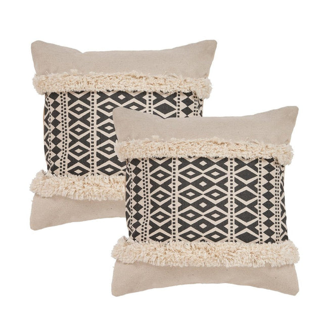 Set of Two 18" Black And Natural Abstract Cotton Throw Pillows with Tufts HomeRoots