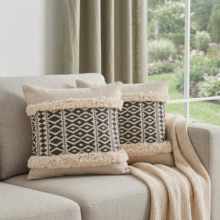 Set of Two 18" Black And Natural Abstract Cotton Throw Pillows with Tufts HomeRoots