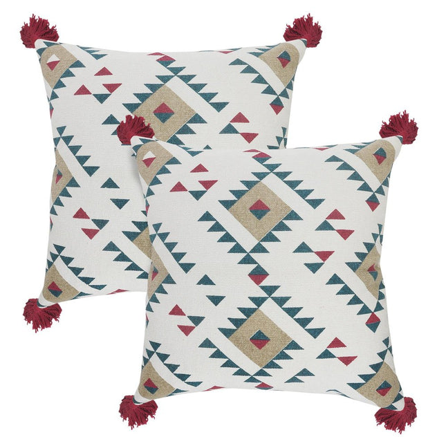 Set of Two 20" White Teal Blue Tan And Crimson Geometric Cotton Throw Pillows HomeRoots