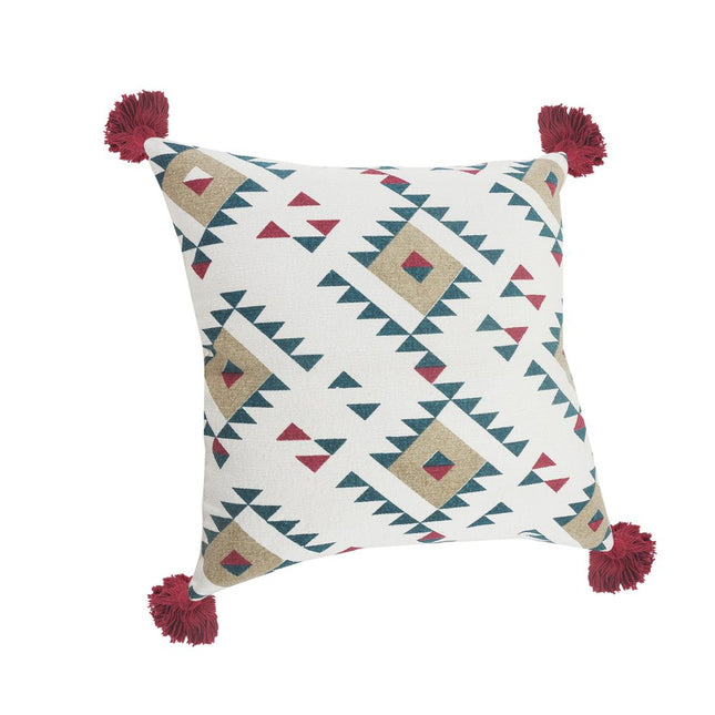 Set of Two 20" White Teal Blue Tan And Crimson Geometric Cotton Throw Pillows HomeRoots