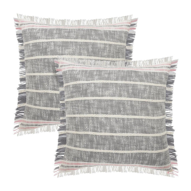 Set of Two 20" Gray And Pink Striped Cotton Throw Pillows with Fringe