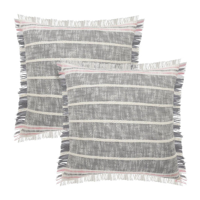 Set of Two 20" Gray And Pink Striped Cotton Throw Pillows with Fringe HomeRoots