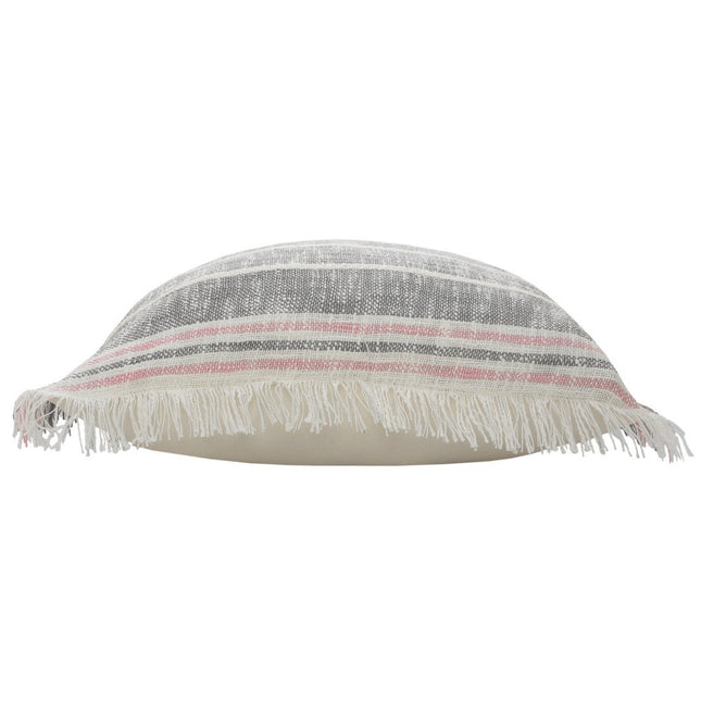 Set of Two 20" Gray And Pink Striped Cotton Throw Pillows with Fringe