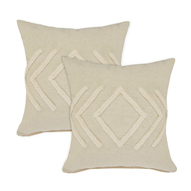 Set of Two 20" Beige And White Diamond Cotton Throw Pillows with Tufts HomeRoots