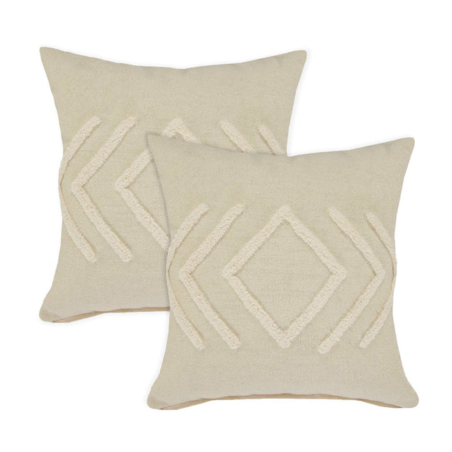 Set of Two 20" Beige And White Diamond Cotton Throw Pillows with Tufts
