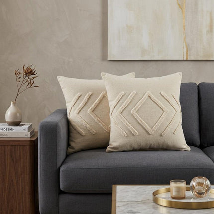 Set of Two 20" Beige And White Diamond Cotton Throw Pillows with Tufts HomeRoots