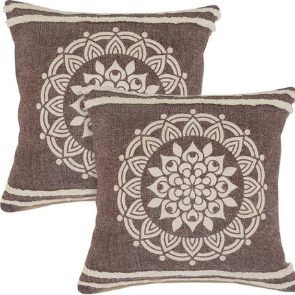 Set of Two 20" Brown And White Medallion Cotton Throw Pillows with Texture HomeRoots