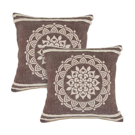 Set of Two 20" Brown And White Medallion Cotton Throw Pillows with Texture HomeRoots