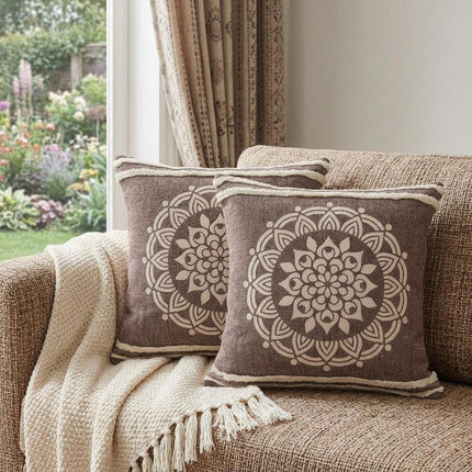 Set of Two 20" Brown And White Medallion Cotton Throw Pillows with Texture HomeRoots