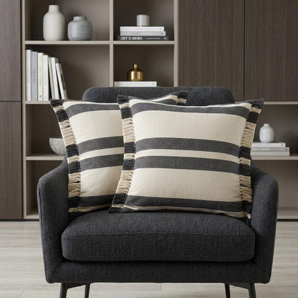 Set of Two 20" Off White And Gray Striped Cotton Throw Pillows with Frosted And Fringe HomeRoots