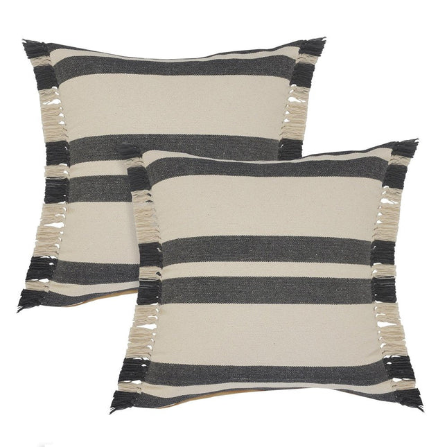 Set of Two 20" Off White And Gray Striped Cotton Throw Pillows with Frosted And Fringe HomeRoots