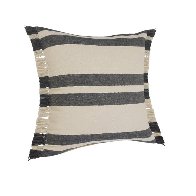 Set of Two 20" Off White And Gray Striped Cotton Throw Pillows with Frosted And Fringe