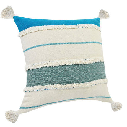 Set of Two 20" Ivory And Turquoise Striped Cotton Throw Pillows with Tassels And Texture HomeRoots