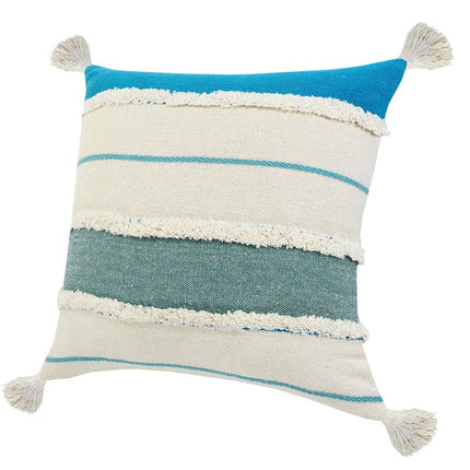 Set of Two 20" Ivory And Turquoise Striped Cotton Throw Pillows with Tassels And Texture HomeRoots