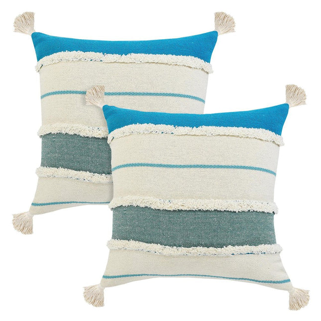 Set of Two 20" Ivory And Turquoise Striped Cotton Throw Pillows with Tassels And Texture HomeRoots