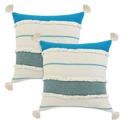 Set of Two 20" Ivory And Turquoise Striped Cotton Throw Pillows with Tassels And Texture HomeRoots