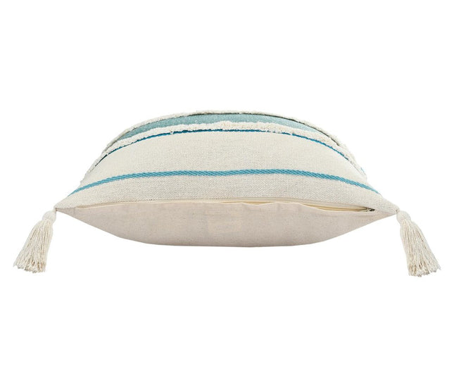 Set of Two 20" Ivory And Turquoise Striped Cotton Throw Pillows with Tassels And Texture HomeRoots