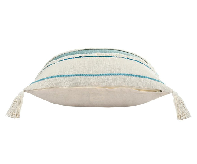 Set of Two 20" Ivory And Turquoise Striped Cotton Throw Pillows with Tassels And Texture